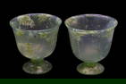 Green Jade Pair Of Tiny Wine Cups Goblets, Nice Pattern, Vintage Piece, Oriental Art