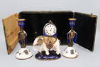 Extremely Rare Antique 1810s Enameled Three Piece Clock Set By Lormier With Travel Case