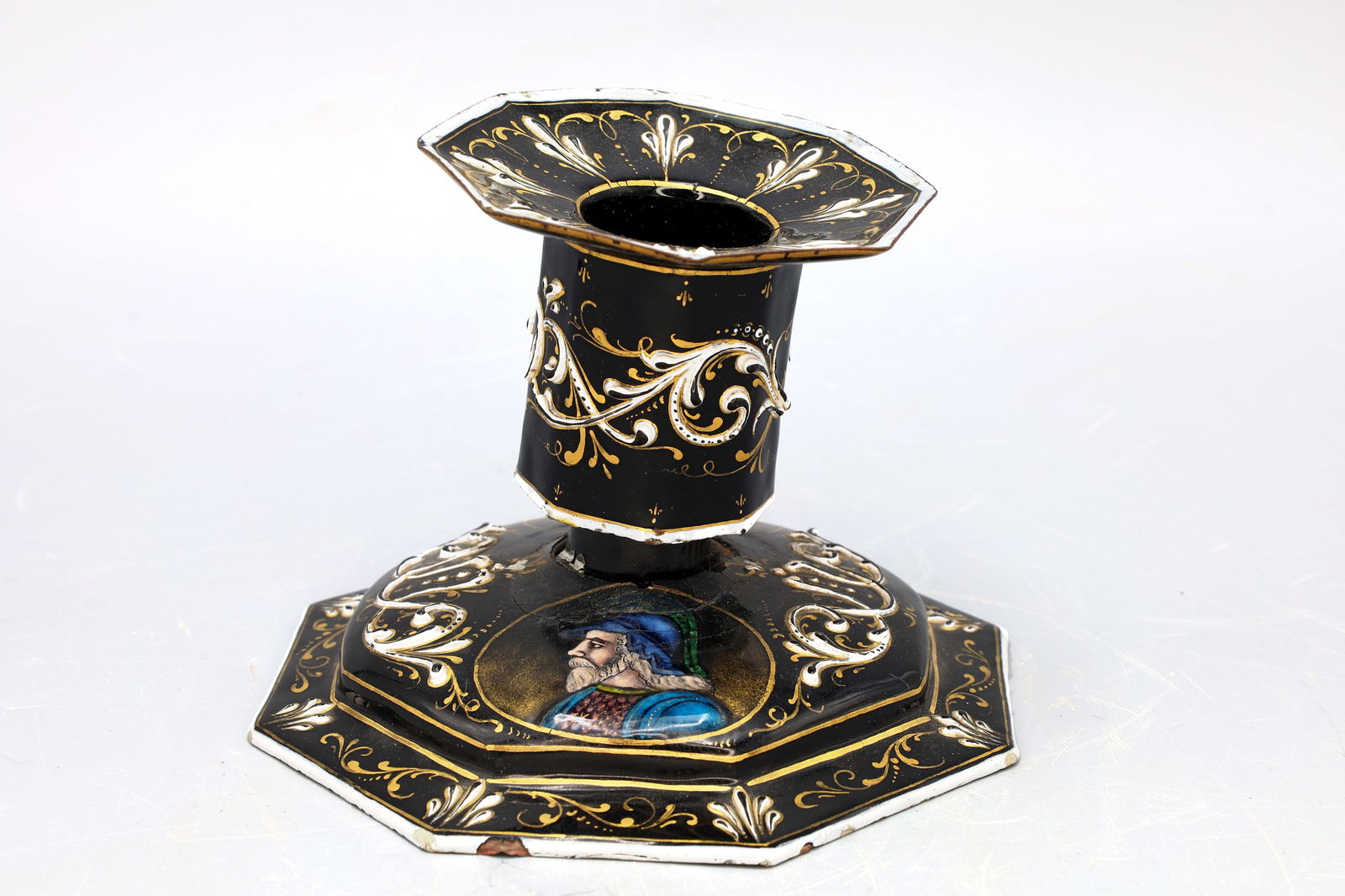 Antique 19th C Limoges, French Neo Renaissance Style Candlestick, Copper And Black Enamel (1 of 7)