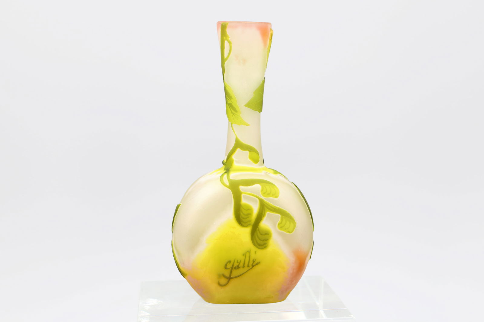 French Galle Lemon Green Floral Vase, Signed, Fern Leaves, Art Nouveau Glass Made In France (1 of 4)