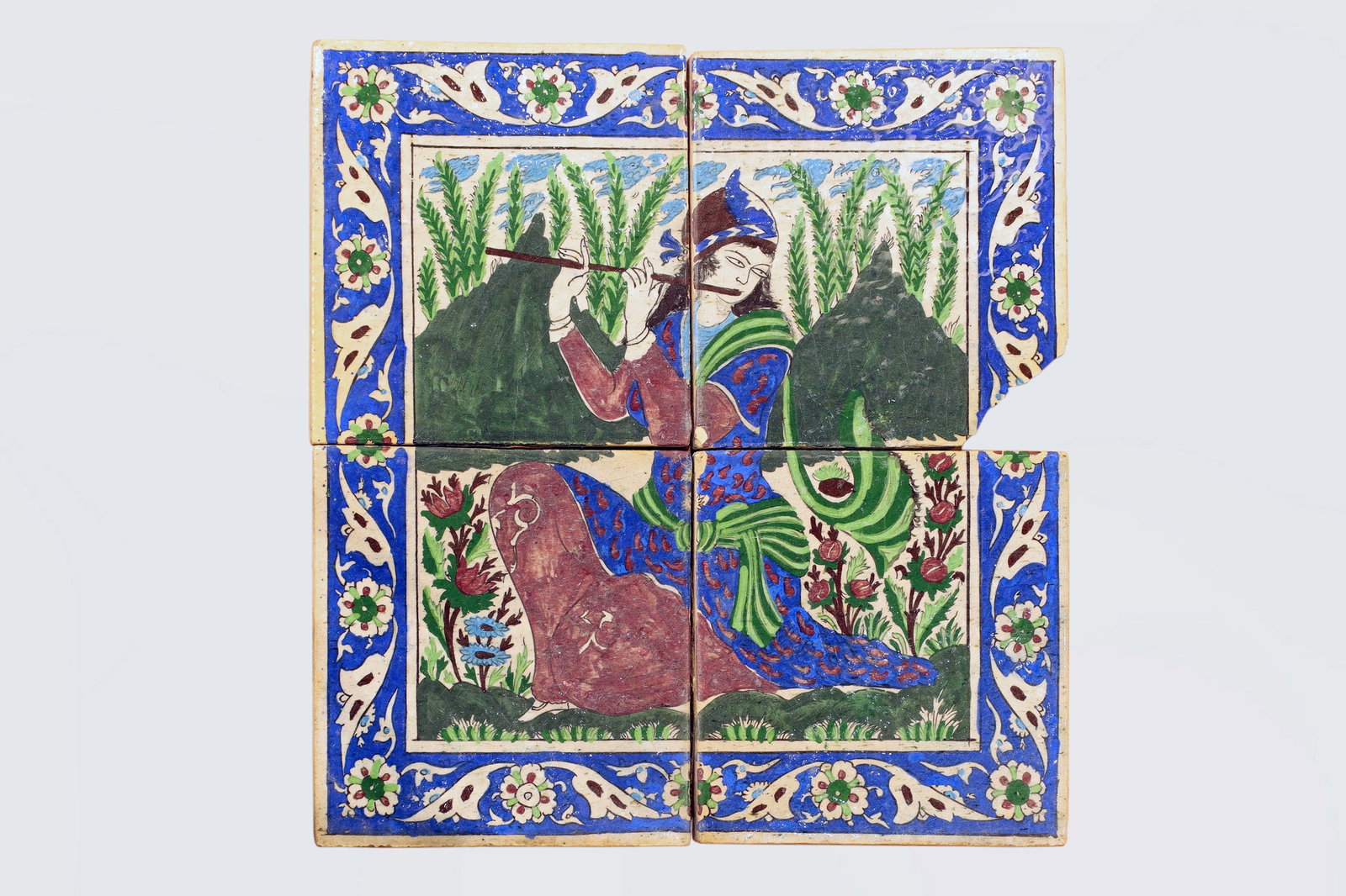 Antique Early 20th Century Persian Qajar, Glazed Ceramic Mosaic Art, Flute Musician Player (1 of 4)