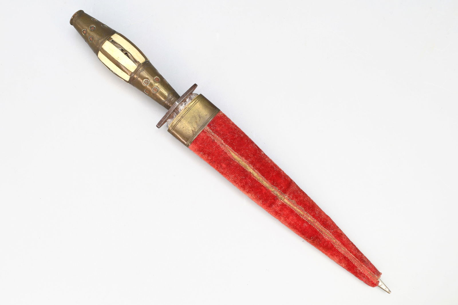 Antique 19th Century Letter Opener, Albacete Spain Manufacture, Highly Collectible Stiletto Piece: Antique 19th Century Letter Opener Stiletto, Albacete Spain Manufacture. The Hilt Is Of Classic Albacete Style With Pierced Brass End Caps And A Bulbous Mid Grip Of Carved Bone With Decorative Brass I