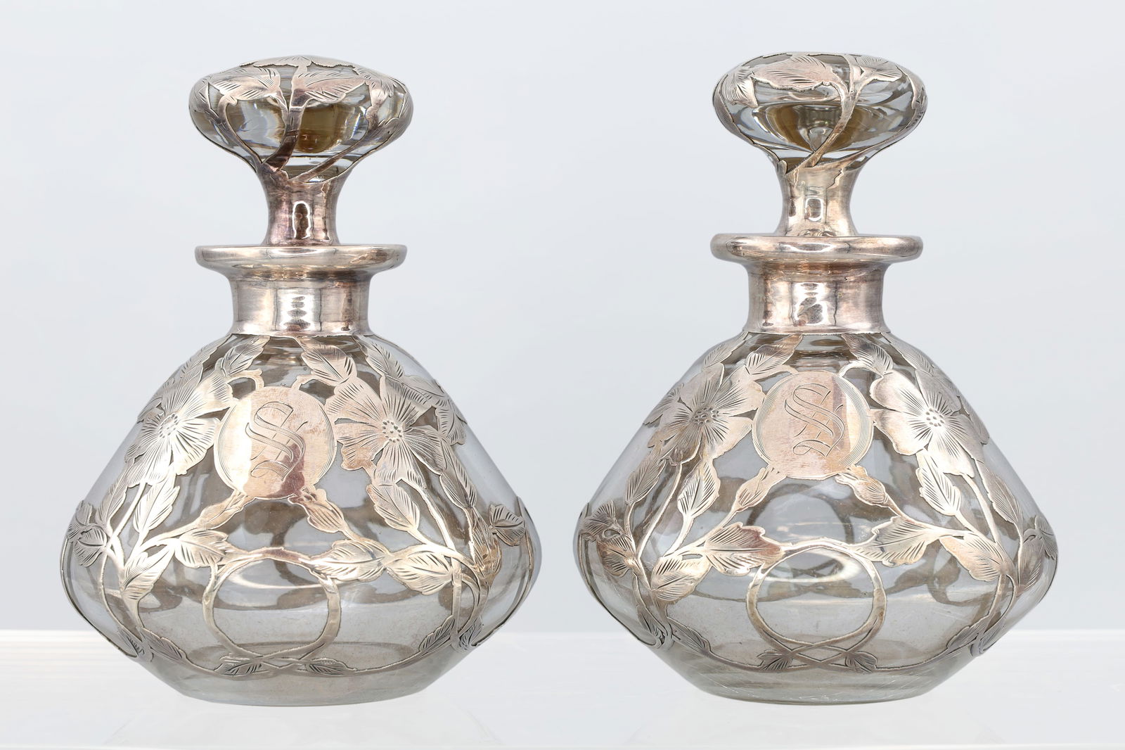 Antique Art Nouveau Fine Silver Overlay Glass Perfume Bottle, A Pair As A Lot (1 of 6)