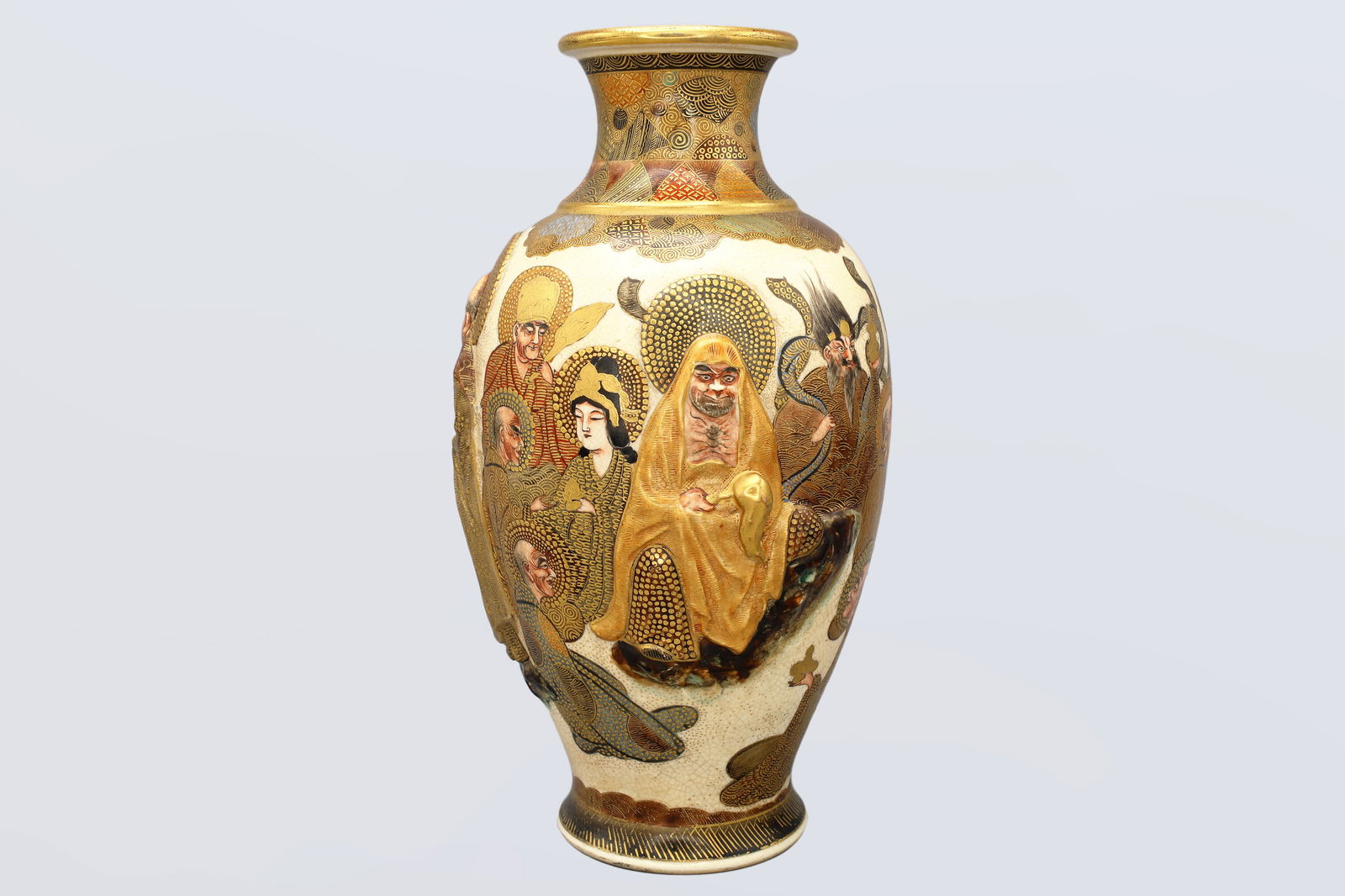 Arhats And Bodhisattvas, Antique Late Meiji Japan Satsuma Floral Vase, Shimazu Crest (1 of 7)
