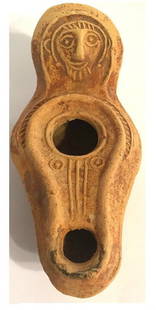 Roman red clay oil lamp with Bearded Face of Saint: Roman red clay oil lamp with Clear Bearded Face of Saint or Jesus , 300 AD-600 AD , nice decoration and patina, intact .Size : 10.5 cm x 6 cm