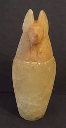 Ancient Egyptian Alabaster Canopic Jar Jackal Head .