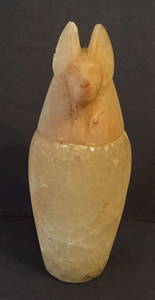 Ancient Egyptian Alabaster Canopic Jar Jackal Head .