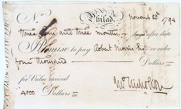 Promissory note endorsed by Robert Morris ~ later: ROBERT MORRIS (1734 – 1806) A Signer of the Declaration of Independence. Partly printed document boldly endorsed "Robt Morris", on the verso of a promissory note, one page, 6½" x 4", November 20, 1