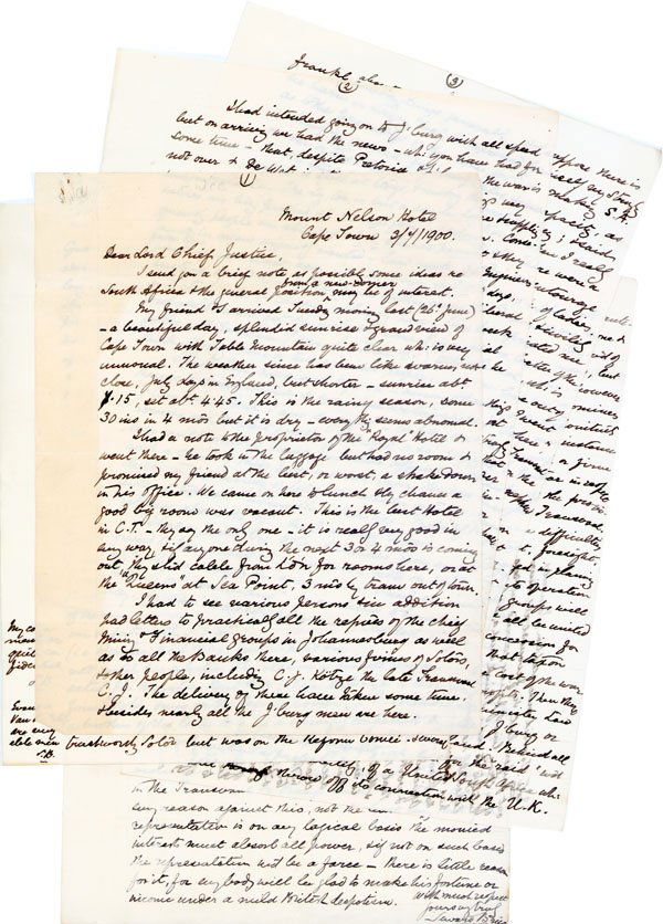 THE BOER WAR: [BOER WAR]. Autograph Letter Signed, Mount Nelson Hotel, Cape Town, South Africa, 3/7/1900. 6 plus pages 4to. SEWARD BRICE To the Lord Chief Justice. Wonderful content on Brice's support for imperiali