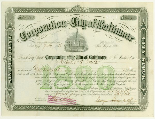 CORPORATION OF THE CITY OF BALTIMORE: 1884, Maryland. $1000 Bond bearing 6% interest. Black with green 1890 (date of redemption) overprint at center. Vignette of a statue at upper center. Litho. Uncancelled and extremely fine