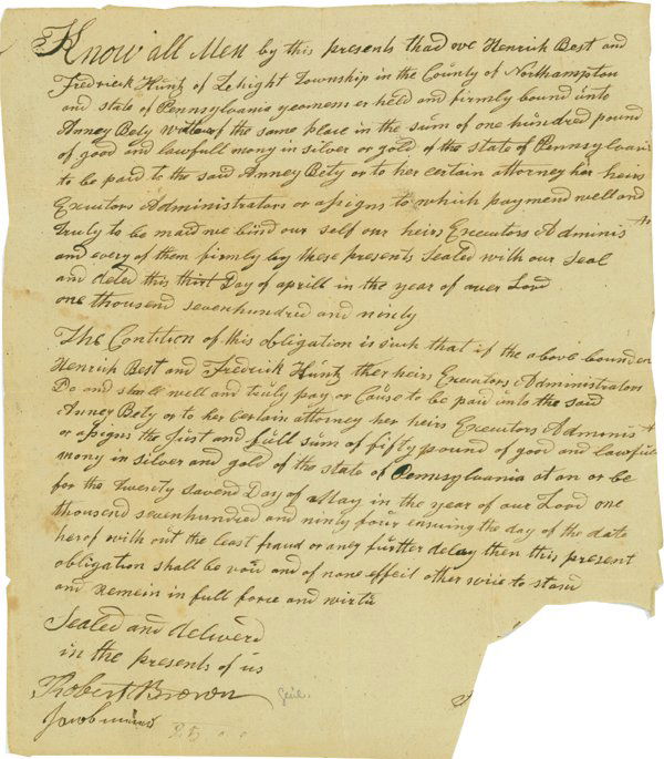 ROBERT BROWN: ROBERT BROWN (1744-1823). American brigadier general and politician. Manuscript Document Signed, "Robert Brown." One page, 8" x 9 ¼". "Know all Men by this presents that we Henrick Best and Frederick