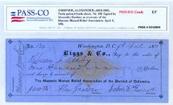 CIVIL WAR PHOTOGRAPHER ALEXANDER GARDNER: Document Signed. Partly-printed bank check drawn on Riggs & Co. payable to Rebecca J. Ashley in the amount of $400. Accomplished in his hand and signed by Gardner as Secretary of The Masonic Mutual Re