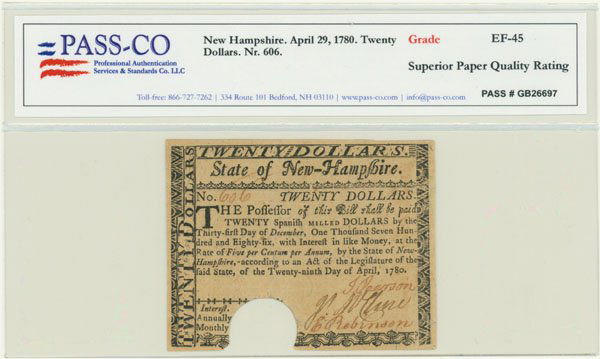 STATE OF NEW HAMPSHIRE TWENTY DOLLAR NOTE: 3 5/8" x 2 7/8". New Hampshire. April 29, 1780. The highest denomination of this "Guaranteed By The United States" issue. Hole cancellation. Fully endorsed on verso by John Taylor Gilman on "Guarantee