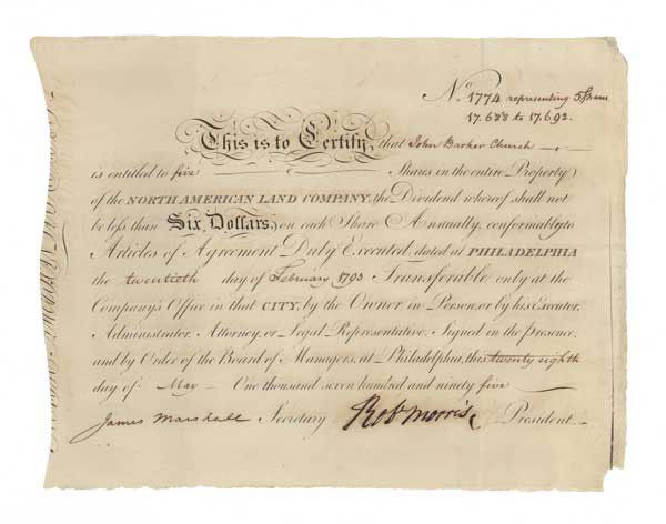 ROBERT MORRIS SIGNS A NORTH AMERICAN LAND COMPANY: ROBERT MORRIS (1734-1806). Robert Morris, known as "The Financier of the American Revolution," was a Signer of the Declaration of Independence, the Articles of Confederation and the U.S. Constitution.