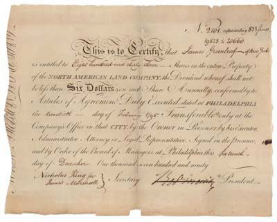JAMES GREENLEAF & ROBERT MORRIS: 1795, Pennsylvania. North American Land Company stock certificate number 2101 for eight hundred and thirty-three shares issued to JAMES GREENLEAF, who organized the North American Land Company along w