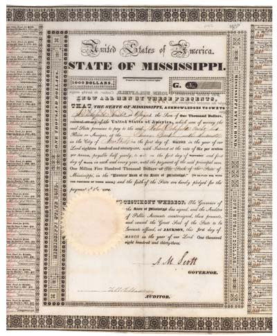 STATE OF MISSISSIPPI BOND -PLANTERS BANK: 1833, Mississippi. $1,000 Bond bearing interest at 6%. Black. These were "payable half yearly...until the payment of the said principal sum. As collateral, "One million five hundred thousand dollars o