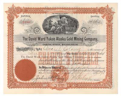 THE DAVID WARD YUKON ALASKA GOLD MINING CO.: 1898, Arizona. Stock certificate for ten shares. Black \ Brown. Vignette of miners at top center. Brown underprint. Underprint vignette of miners at bottom center. Uncancelled and Extremely Fine.