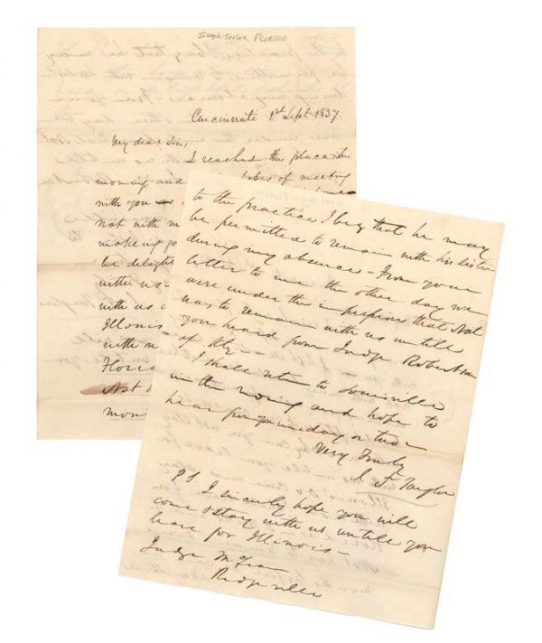 FUTURE UNION GENERAL JOSPEH TAYLOR: JOSEPH P. TAYLOR (1796 - 1864). Union General during the Civil War, brother of Zachary Taylor, brother-in-law of Supreme Court Justice John McLean. ALS. 2 ¼ pages. Cincinnati, 1st Sept., 1837. 7 ¾"