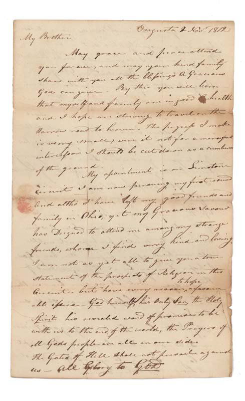 JOHN MCLEAN RECEIVES ADVICE: JOHN COLLINS (1769-1845) Noted Methodist preacher. Autograph Letter Signed, John Collins." Three pages, 7 3/4" x 12 1/2". Augusta. November 2, 1812. Addressed on integral leaf to Mr. John McLean Esq.