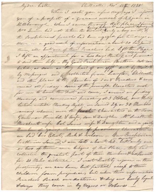 JOHN COLLINS: JOHN COLLINS (1769-1845) Noted Methodist preacher. Autograph Letter Signed, John Collins." Two pages, 7 3/4" x 9 3/4". Chillicothe. November 18, 1828. Collins writes to John McLean, in part: the Presb