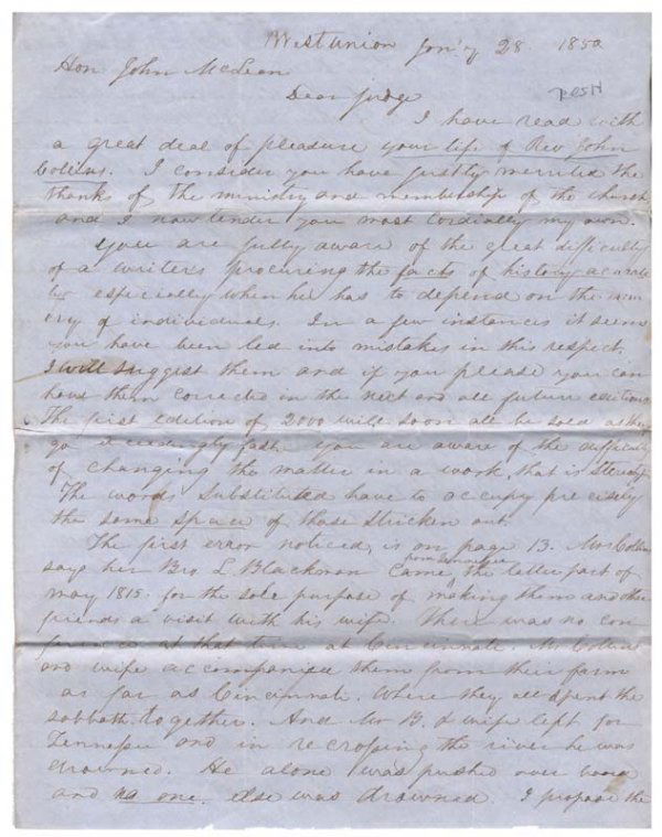 JOHN COLLINS: JOHN COLLINS (1769-1845) Noted Methodist preacher. Autograph Letter Signed. Three pages, 8 1/4" x 10 5/8". West Union. January 28, 1830. Addressed on integral leaf to John Mclean. The letter reads, in