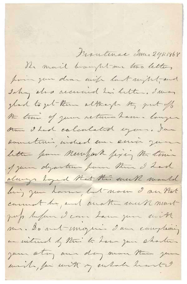 NATHANIEL MCLEAN: NATHANIEL C McLEAN (1815 - 1905). Union general during the Civil War, lawyer, son of Supreme Court justice John McLean. ALS. 4 pages. 4 ¾" x 7 ½". Frontenac, June 29, 1868. With original envelope. D