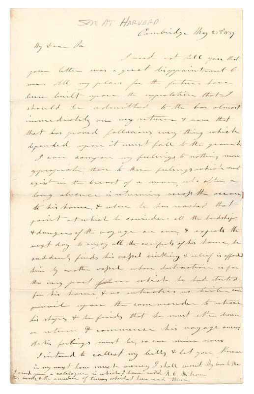 NATHANIEL MCLEAN: NATHANIEL C McLEAN (1815 - 1905). Union general during the Civil War, lawyer, son of Supreme Court justice John McLean.ALS. 1 page. 8" x 13". Cambridge, 1837. To his father, I need not tell you that y
