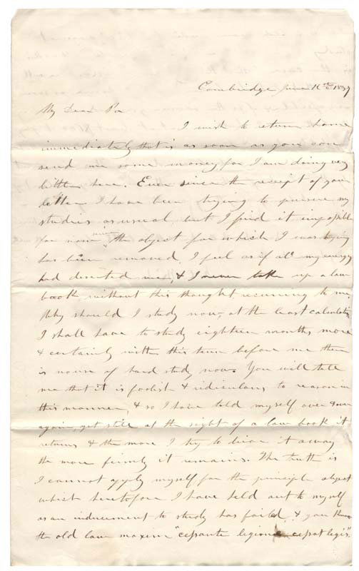 FUTURE CIVIL WAR GENERAL NATHANIEL MCLEAN: NATHANIEL C McLEAN (1815 - 1905). Union general during the Civil War, lawyer, son of Supreme Court justice John McLean. ALS. 1 ½ pages. 8" x 12 ¾". Cambridge, June 11th, 1837. A despondent Nathaniel