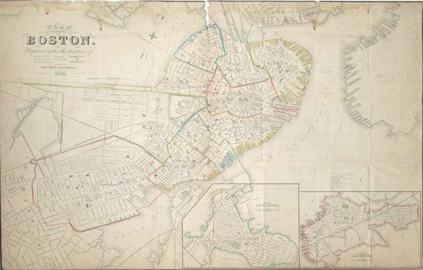 1861 SLADE AND WIGHTMAN PLAN OF BOSTON: Printed Plan of Boston. 39" x 27". 1861. Contemporary hand colored borders divide Boston into wards. At the request of the Boston City Council, city engineer James Slade produced this 1861 map of the
