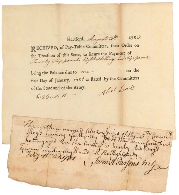 SAMUEL H. PARSONS: SAMUEL H. PARSONS (1737-1789). Revolutionary War general. Document Signed, "Sam. H. Parsons. MG." One page, 7 ¾" x 3 ¼". Highlands. February 11, 1787. The document reads: "The within named Abel Lewi