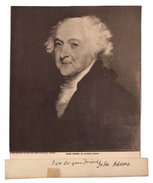 JOHN ADAMS SIGNATURE WITH CLOSING: JOHN ADAMS (1735-1826). 2nd President of the United States; Signer of the Declaration of Independence from Massachusetts. Signature at Conclusion of a letter. 7" x 1". Mounting Trace on verso. F