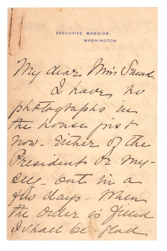 FRANCES CLEVELAND: FRANCES CLEVELAND (1864-1947) First Lady of the United States. Autograph Letter Signed, "Frances Cleveland," on Executive Mansion, Washington letterhead. Three pages, 3 3/4 x 6". Washington. March 8, 