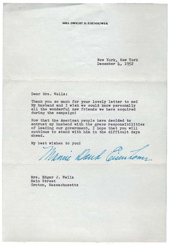 MAMIE DOUD EISENHOWER: MAMIE DOUD EISENHOWER (1896-1979) First Lady of the United States. Typed Letter Signed, "Mamie David Eisenhower," on original Mrs. Dwight D. Eisenhower letterhead. One page, 7 1/4" x 10 1/2". New Yo