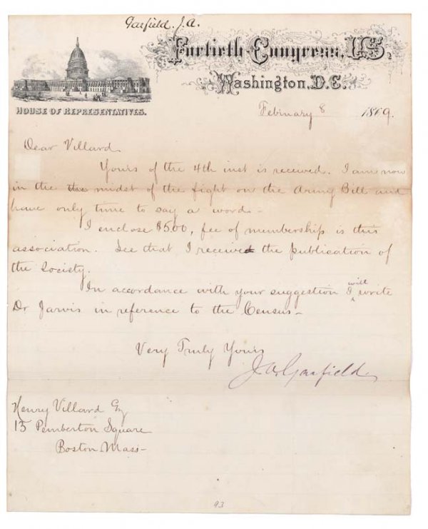 JAMES A. GARFIELD LETTER SIGNED AS A CONGRESSMAN: JAMES A. GARFIELD (1831-1881). Twentieth President. Garfield was a Union general during the Civil War, then was elected to the House. He was elected President in 1880 but shot in July 1881 by Ch