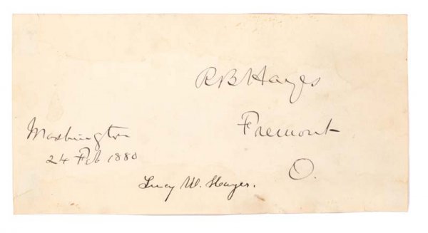 RUTHERFORD B. HAYES: RUTHERFORD B. HAYES (1822-1893). Nineteenth President and Union general during the Civil War. Card Signed by Hayes and his wife Lucy. 6 3/4" x 3 1/2". 24 Feb. 1880. Mounting Trace on verso. Fi