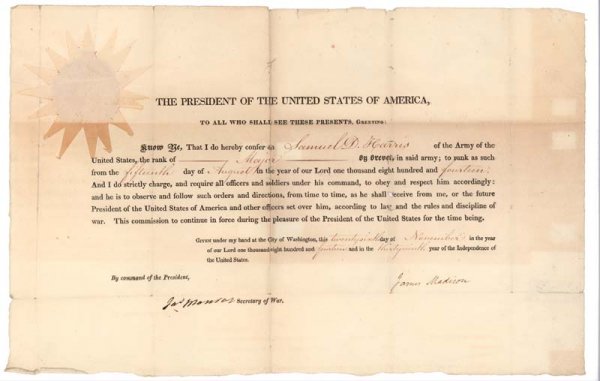 MADISON & MONROE MILITARY APPOINTMENT: JAMES MADISON (1751-1836). Fourth President and "Father of the Constitution". Appointment Countersigned by James Monroe. 16 1/4" x 10 1/4". November 26, 1814. The document appoints Samuel D. Harris a 