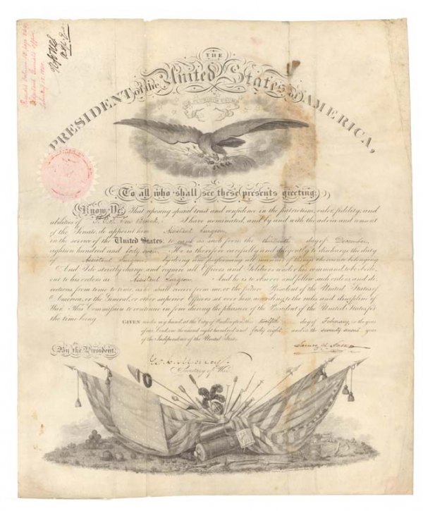 JAMES K. POLK: JAMES K. POLK (1795-1849). Eleventh President. DS. Appointment of an Assistant Surgeon. 14 1/2" x 17 1/2". February 12, 1848. The document appoints P.G.S. Ten Broek as an Assistant Surgeon in the serv