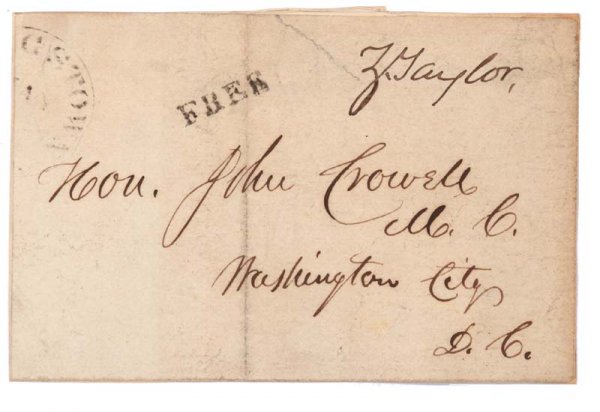 ZACHARY TAYLOR SCARCE FREE FRANK: ZACHARY TAYLOR (1784-1850). Twelfth President of the United States. Free Frank as President. 4 1/2" x 3". Mounting Trace on verso. Fine.