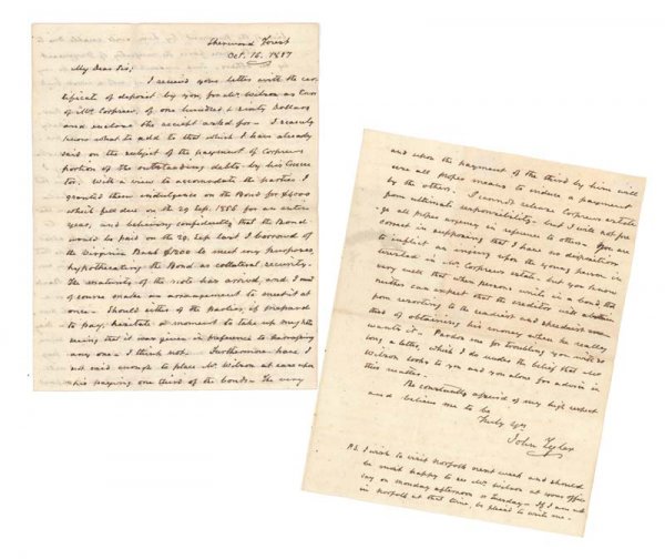 JOHN TYLER: JOHN TYLER (1790-1862). 10th President of the United States; Virginia Governor; U.S. Senator. Autograph Letter Signed 3 pages. 7 3/4" x 10". Oct. 16, 1857 Tyler writes, in part: " … I scarcely know 