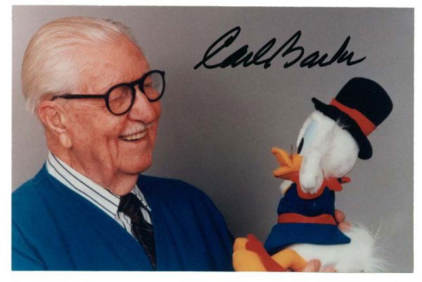 DISNEY STUDIO ILLUSTRATOR CARL BARKS: CARL BARKS (1901-2000) Disney Studio illustrator and comic book creator who invented, among other characters, Scrooge McDuck and the Beagle Boys. 4" x 6" color photograph of Barks with Donald the Duck