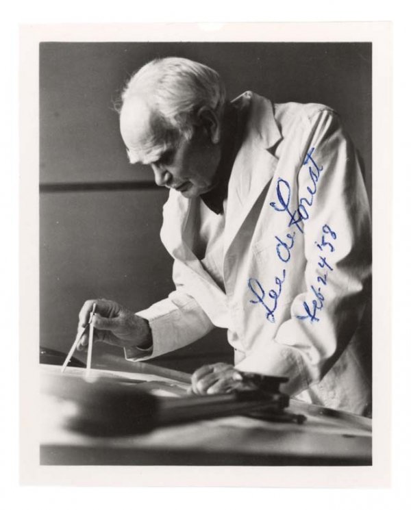 LEE DEFOREST: LEE DeFOREST (1873 - 1961) was an American inventor with over 180 patents to his credit. 4" x 5". Signed black and white photo "Lee de Forest, Feb. 24 '58". Very Fine.
