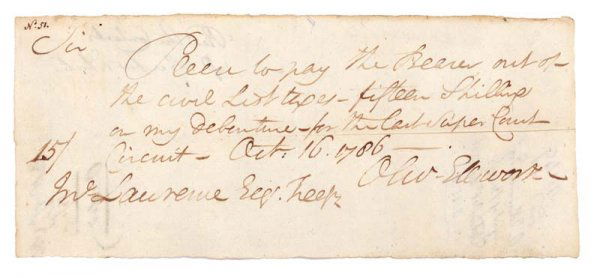 OLIVER ELLSWORTH: OLIVER ELLSWORTH (1745-1807) Delegate to the Constitutional Convention and the Second Chief Justice of the Supreme Court. Autograph Document Signed, "Oliv. Ellsworth." One page, 8 1/4" x 3 1/2". No pl