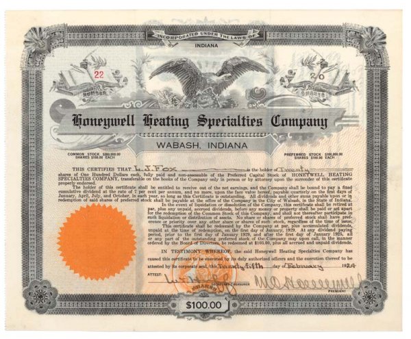 SIGNED BY HONEYWELL AS PRESIDENT: 1924, Indiana. Stock certificate for twenty shares in Honeywell Heating Specialties Company. Black with Orange underprint and seal. Vignette of an eagle at top center with books at top left and right.