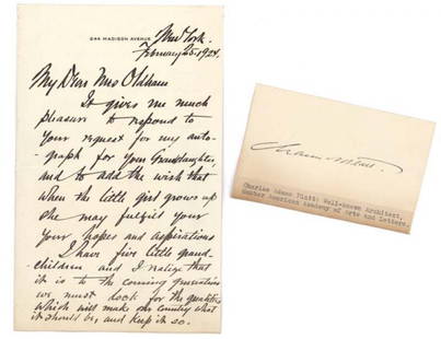 A PAIR OF ARCHITECTS' SIGNATURES: Cass Gilbert (1859 –1934), Charles Adams Platte (1861 – 1933). Pair of signed cards.