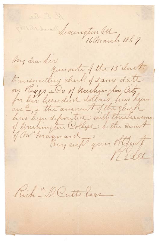 ROBERT E. LEE: ROBERT E. LEE (1807-1870). General-in-chief of the Confederate forces during the Civil War. Without doubt, Lee is one of the best known and loved figures in American history. Autograph Letter Signed, 