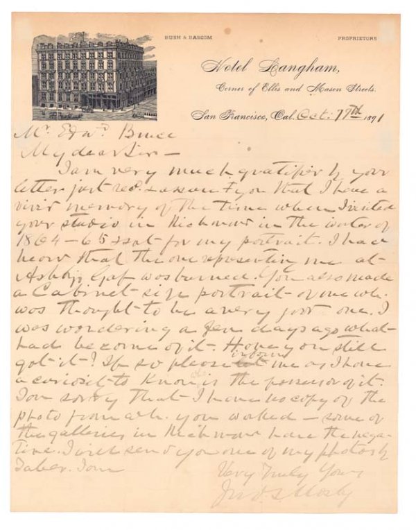 JOHN MOSBY ALS: JOHN MOSBY (1833-1916). Confederate ranger. One of the Confederacy's most important cavalrymen. ALS. 1 page. 8 1/2" x 11". Oct. 17, 1891. Mosby writes, in part: " … I have a vivid memory of 