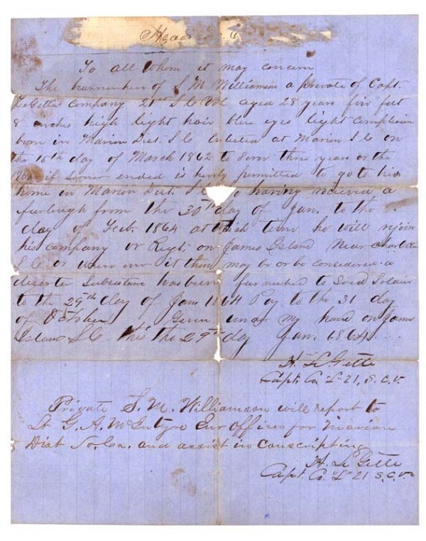 CIVIL WAR SOLDIER RECEIVES FURLOUGH: Autograph Document Signed twice, "H. LeGette." One page, 7 3/4" x 9 3/4". James Island, S.C. January 31, 1864. LeGette writes in part: " ... S.M. Williamson, a private of Capt. LeGette's Company ... e