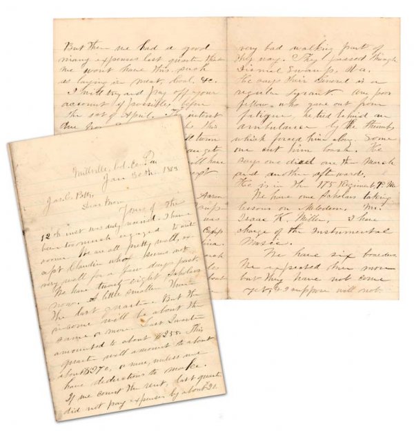 A HARSH MARCH FOR UNION SOLDIERS: Autograph Letter Signed, "J.M. Potts." Four pages, 5" x 8". Millville Col. Co Pa. January 30, 1863. Potts writes to his brother, in part: " … We got a letter from Aaron Miller last night. I suppose 