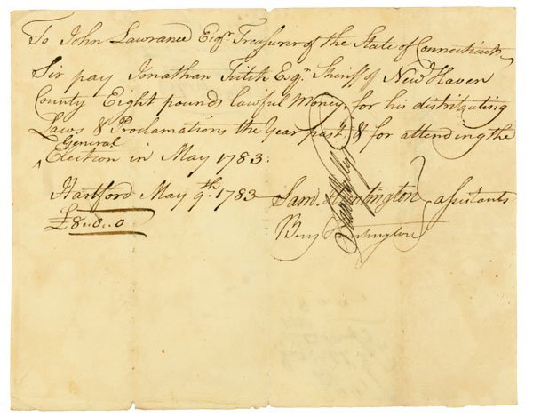 SAMUEL HUNTINGTON: CONNECTICUT SIGNER OF THE DECLARATION OF INDEPENDENCE SAMUEL HUNTINGTON Document Signed by SAMUEL HUNTINGTON (1731_1796). Signer of the Declaration of Independence from Connecticut and BENJAMIN HUNTIN