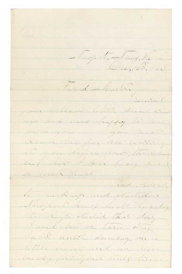 A UNION SOLDIER AT NEWPORT NEWS, VA: Autograph Letter Signed, "James Dickerson." Four pages, 5" x 8". Newport News Va. December 16, 1863. Dickerson writes, in part: " … We had orders to pack up and start for Newport News last Thursday,
